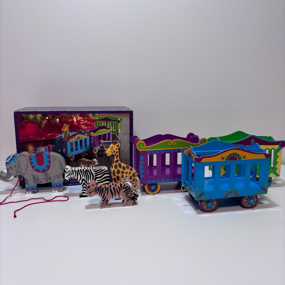 Pier 1 Colourful Wooden Train Set With Four Animals & Three Train Cars